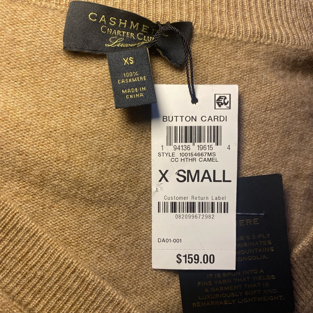 NWT Charter Club Women's Camel 2 Ply Cashmere V- Neck Cardigan Sweater Soft Warm - Picture 6 of 8